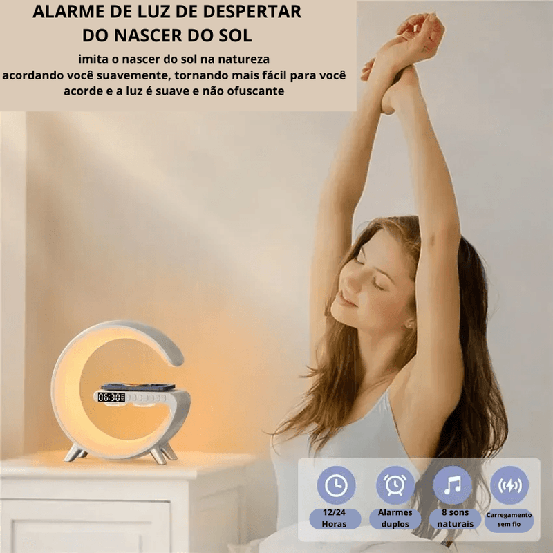 Suporte do carregador sem fio com despertador, alto-falante Bluetooth, lâmpada LED