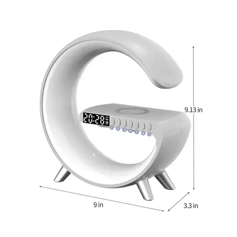 Suporte do carregador sem fio com despertador, alto-falante Bluetooth, lâmpada LED