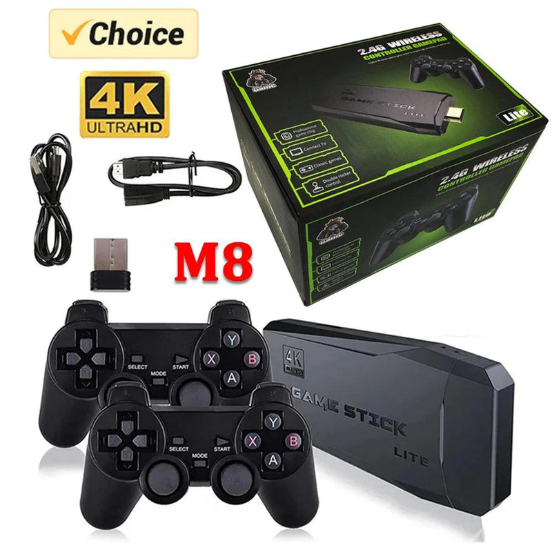 M8 Video Game Stick Console, controlador sem fio duplo, 2.4G, 4K, 10000 jogos, 64GB, jogo retro