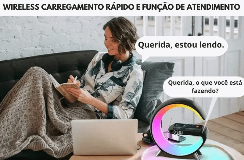 Suporte do carregador sem fio com despertador, alto-falante Bluetooth, lâmpada LED